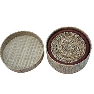 Woven‎ Seagrass Coasters with Wooden Base and Basket Holder, Set of 4